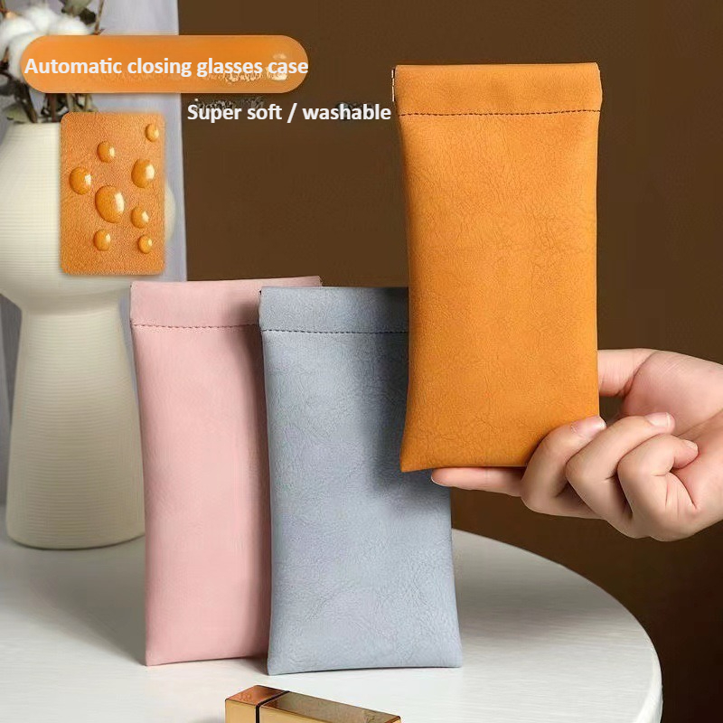 Soft Close Hinge - Unisex Leather Eyeglass Case Portable Auto-Close